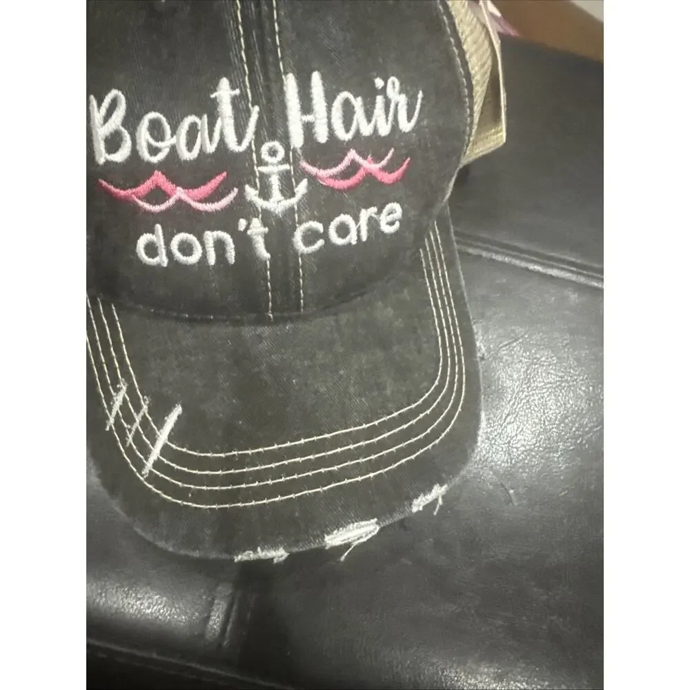 KATYDID Boat Hair Don’t Care Distressed Trucker Hat Black Tan Cap Mesh